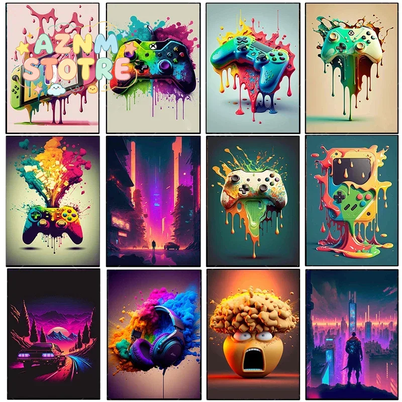 Esports Gaming Poster - لوحة قماشية عتيقة بتصميم ملون ونيون