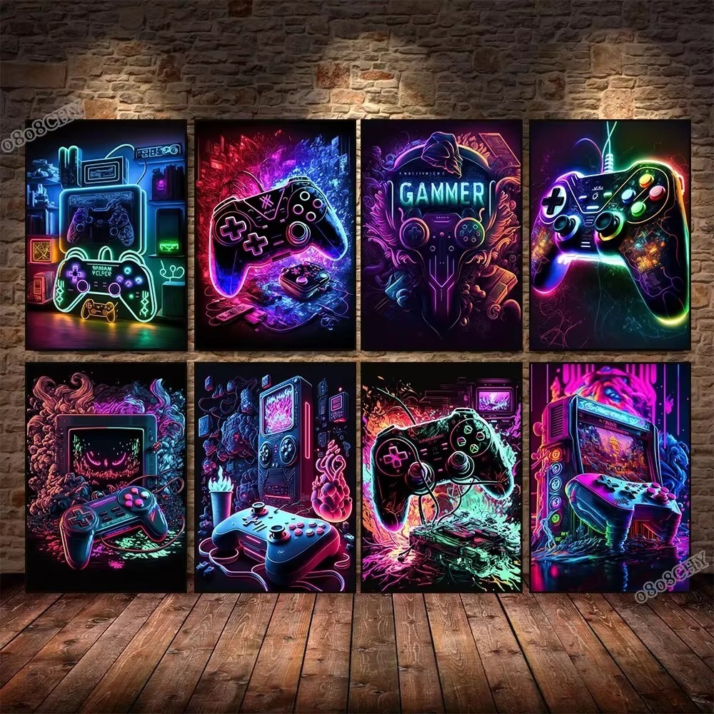 النيون لعبة قماش لوحات أذرع ال - مراجعة Esports Gaming Poster وسعره